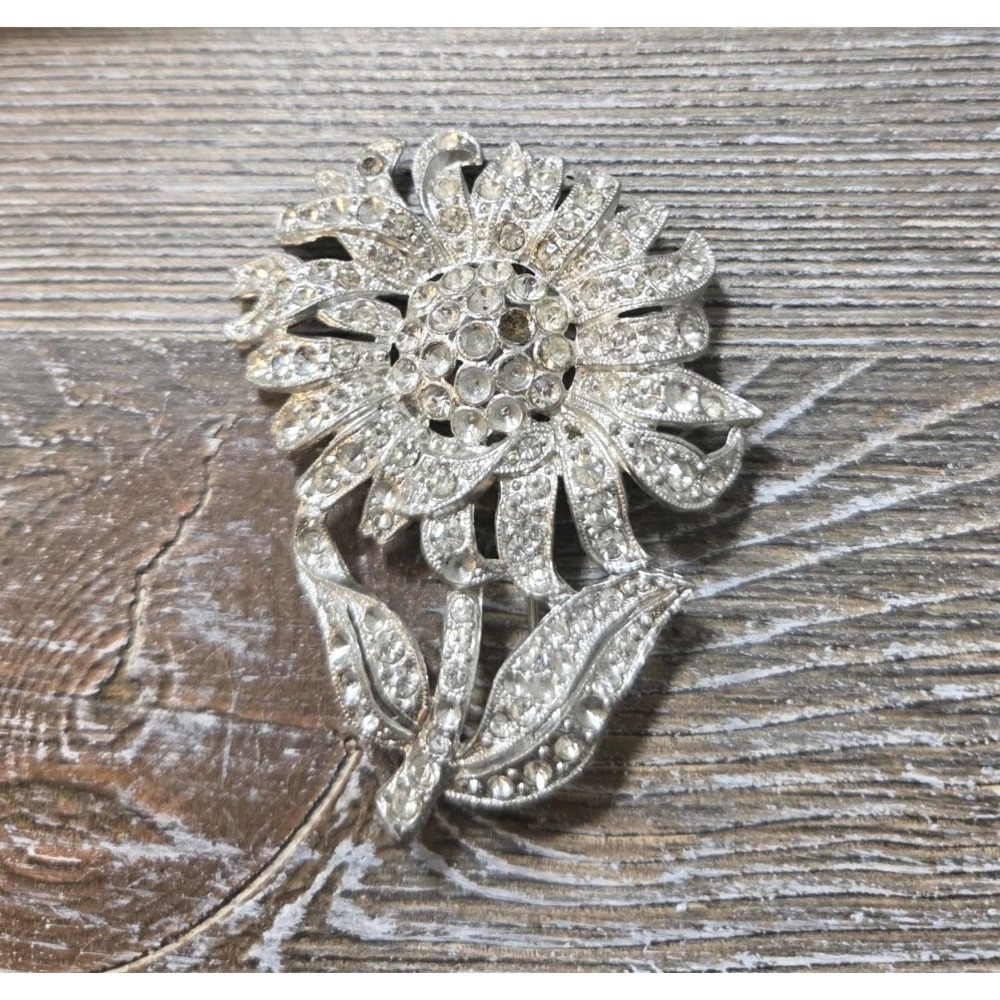 Silver Tone Pin /Brooch Rhinestone Sunflower Vintage- Missing Some Rhinestones
